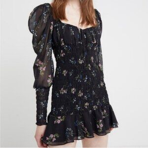 For Love & Lemons Dixon Black Pink Floral Ruched Mini Dress XS